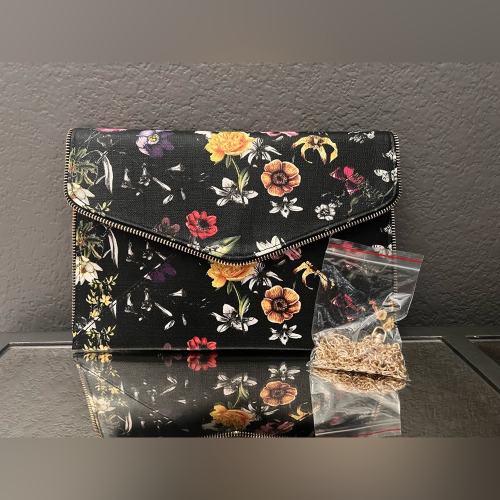 Black Charming Charlie Envelope Clutch with Wildflowers and Gold Zipper Trim